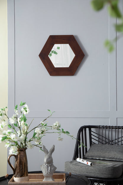 Hexagonal Teak Wood Framed Mirror - 18.5" Wall Decor for Living Room, Bathroom, or Hallway in Dark Brown