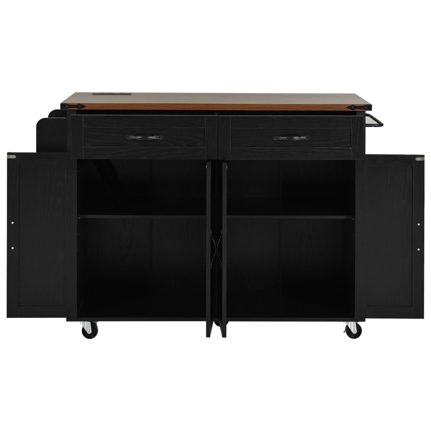 Rolling Farmhouse Kitchen Island with Power Outlet, Drop Leaf Design, Ample Storage, and Spice Rack - Black