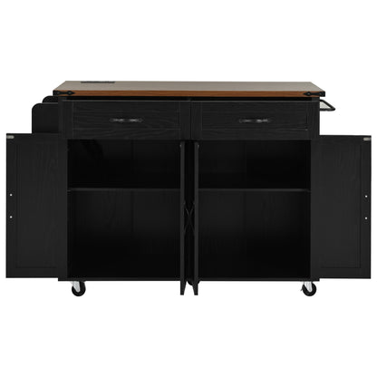 Rolling Farmhouse Kitchen Island with Power Outlet, Drop Leaf Design, Ample Storage, and Spice Rack - Black