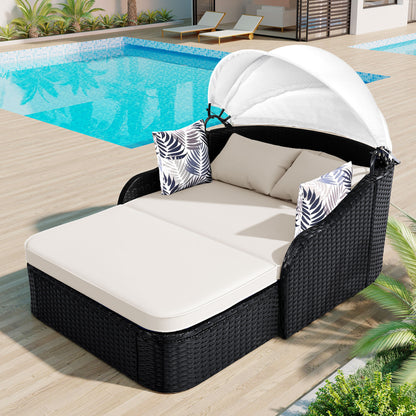79.9-Inch Outdoor Sunbed With Adjustable Canopy For Double Lounge Daybed PE Rattan Wicker With Cushions Beige Cushion