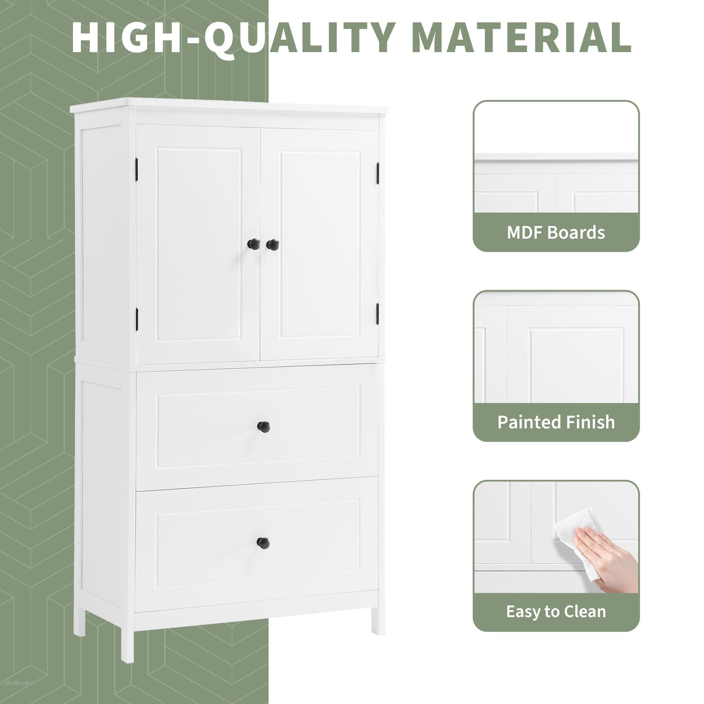 White MDF Bathroom Storage Cabinet with Adjustable Shelves, Two Doors, and Drawers