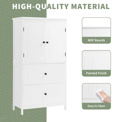 White MDF Bathroom Storage Cabinet with Adjustable Shelves, Two Doors, and Drawers