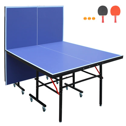Regulation-Size 8ft Indoor Table Tennis Table, Foldable & Portable with Net, Paddles & 3 Balls Blue