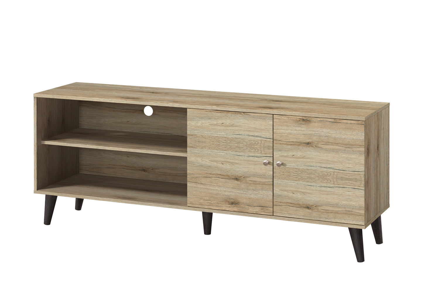 TV Stand for 63-Inch TVs, 2 Shelves + 1 Cabinet, Modern Wood Media Console for Living Room, Oak