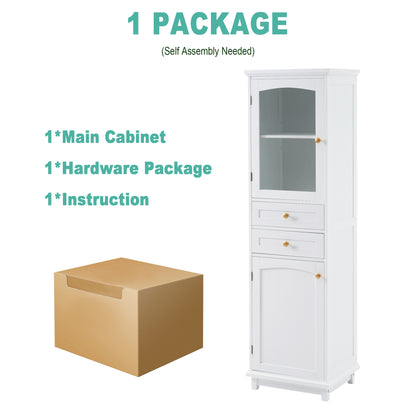 Elegant 63" Tall White Bathroom Storage Cabinet with Glass Doors, Two Drawers, Adjustable Shelves, and Anti-Tipping Design - Perfect for Organizing and Displaying Essentials