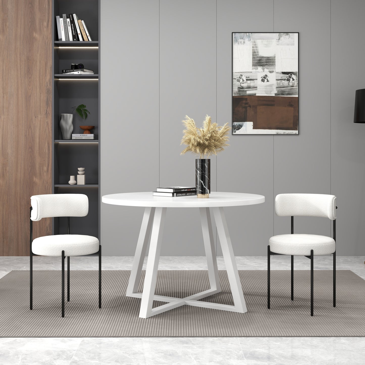 Trestle Round Dining Set With Two Chairs Three Piece Boucle