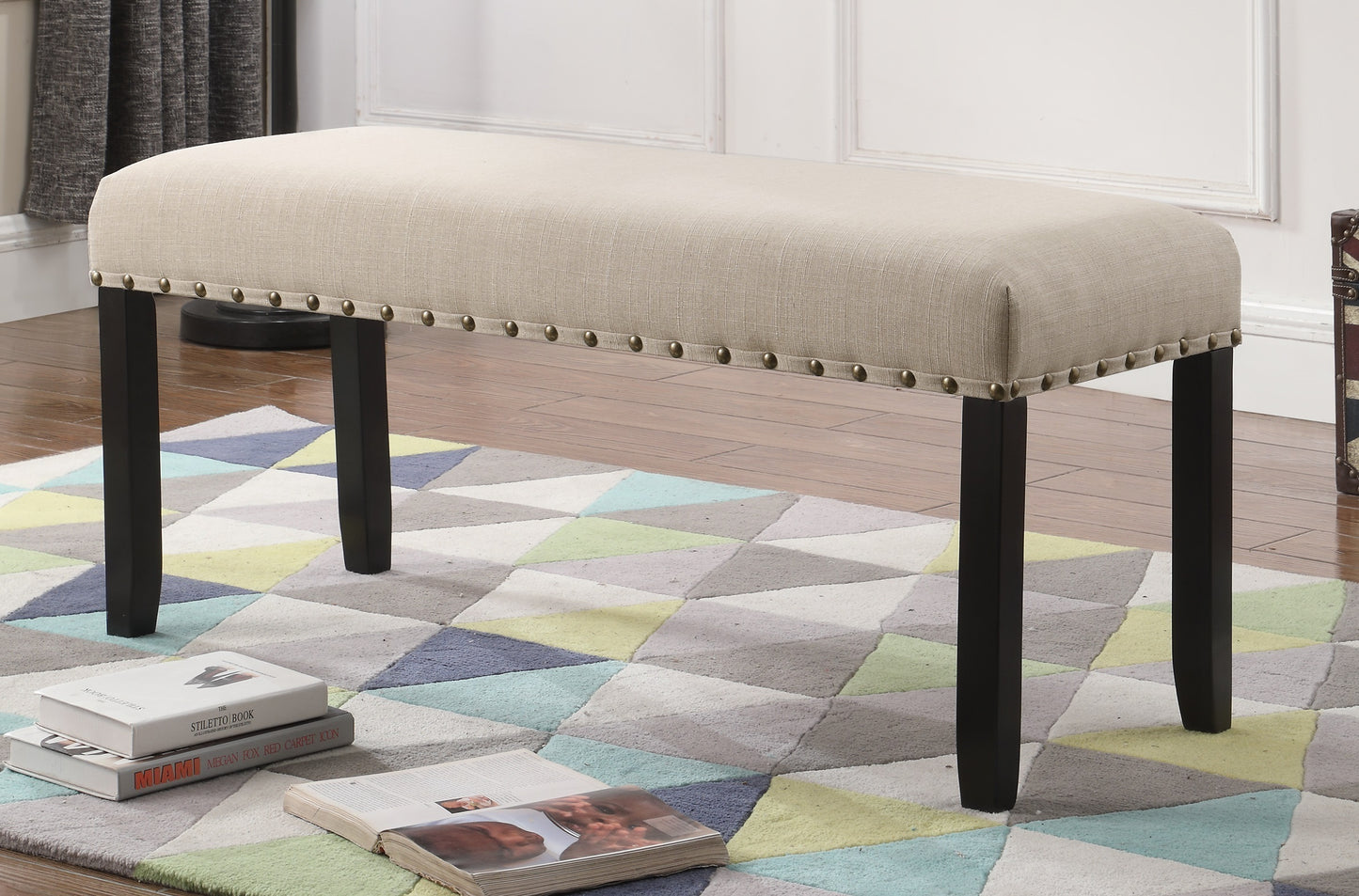 Dining Bench with Nailhead Trim, Linen-Cotton Upholstery, Solid Hardwood Legs, 44W x 16.5D x 19H, Tan