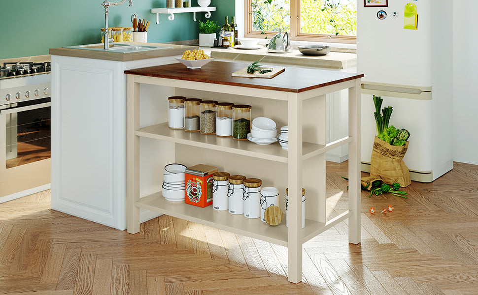 Rustic 45" Rubberwood Kitchen Island with Dual Open Shelves - Walnut & Cream White Finish