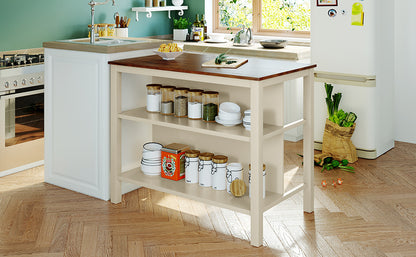 Rustic 45" Rubberwood Kitchen Island with Dual Open Shelves - Walnut & Cream White Finish