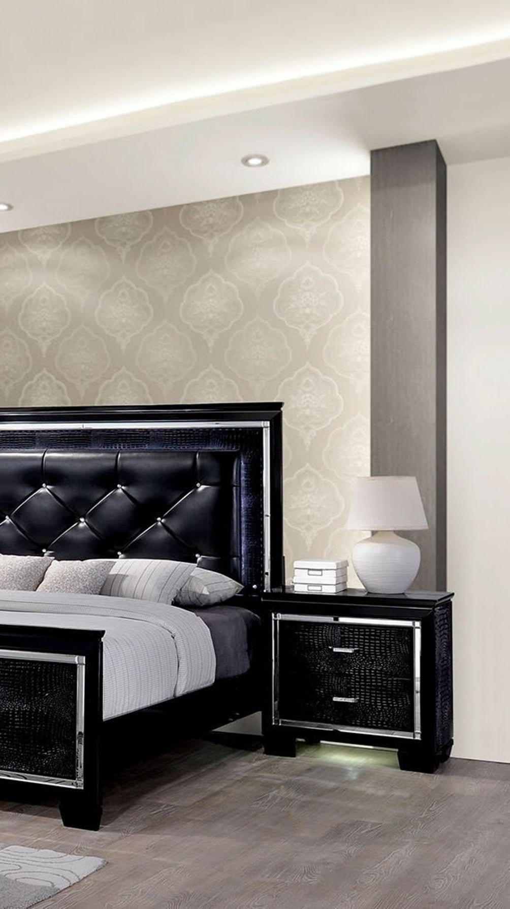 Contemporary 1pc Nightstand Black Bedside Table LED Light English Dovetail Drawer Bedroom Furniture