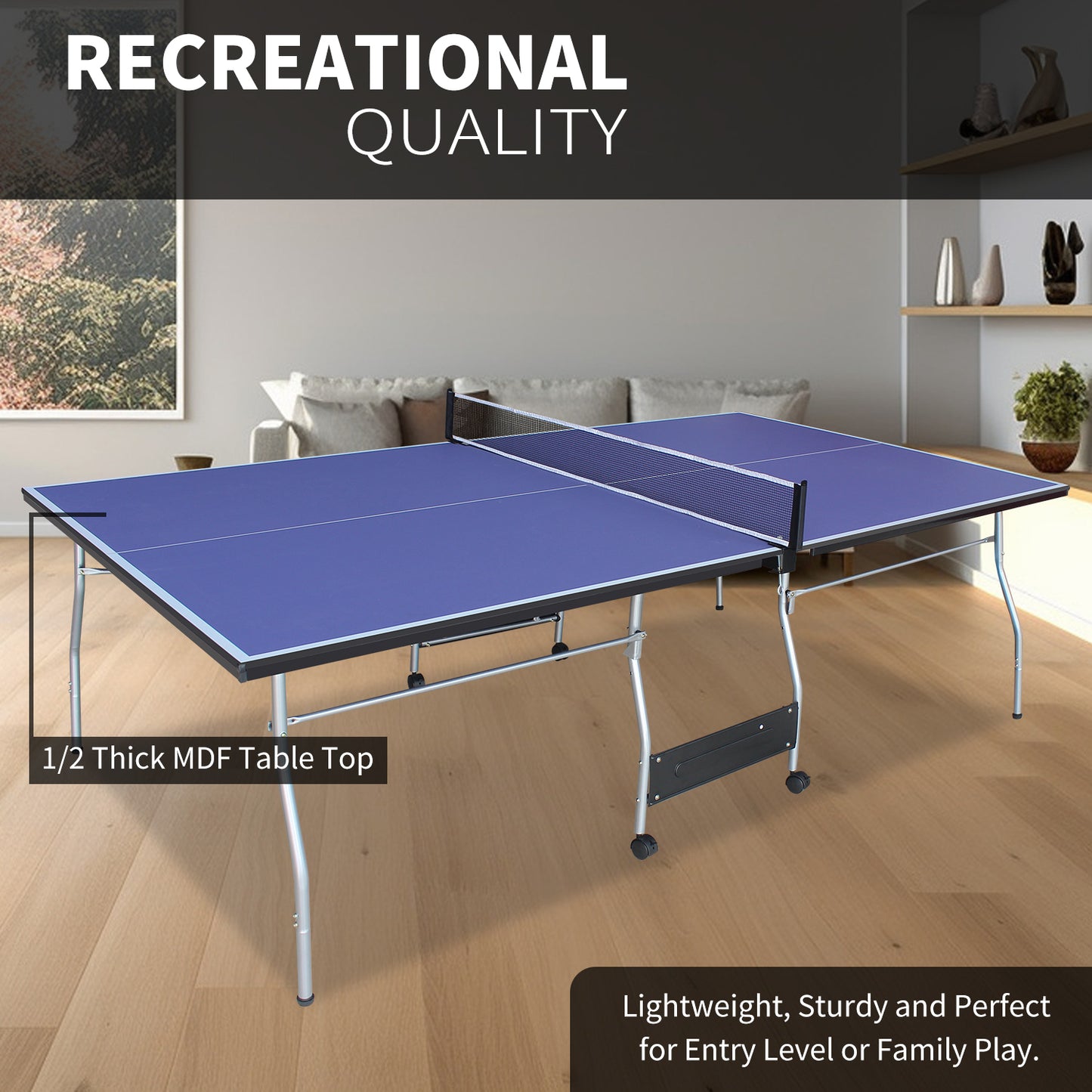 8ft Mid-Size Foldable TT Table for Indoor/Outdoor - Portable Ping Pong Set w/ Net, 2 Paddles, 3 Balls Blue