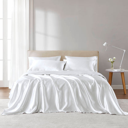 Twin Satin Luxury 4-Piece Sheet Set Wrinkle-Resistant Flat 66x96 Fitted 39x75+14 2 Pillowcases White
