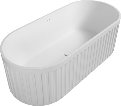 67-Inch Luxury Solid Surface Freestanding Bathtub in Matte White with Overflow and Pop-Up Drain, Engineered Stone Resin