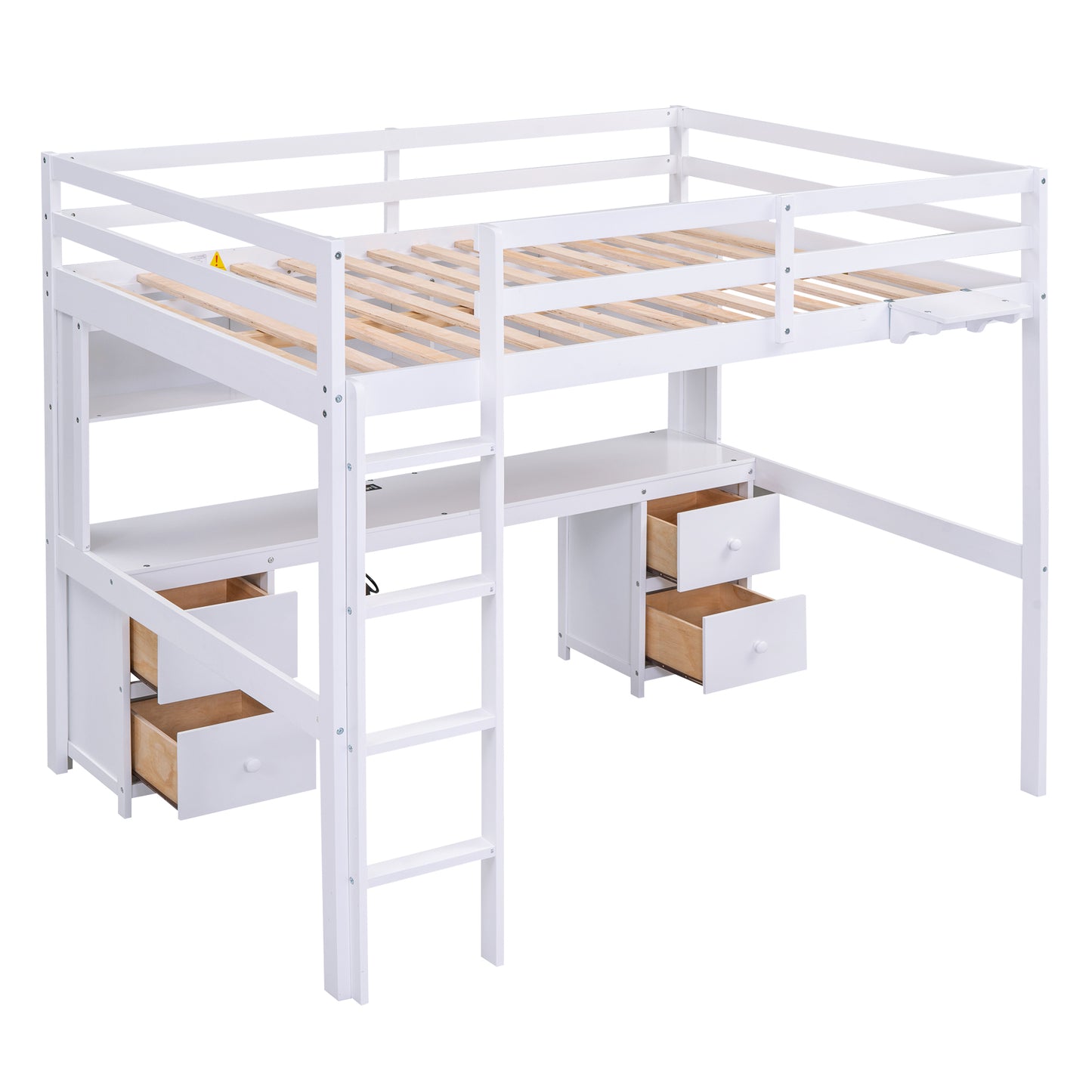 White Full Size Loft Bed with Integrated Desk, Storage Drawers, Bedside Tray, and Charging Station