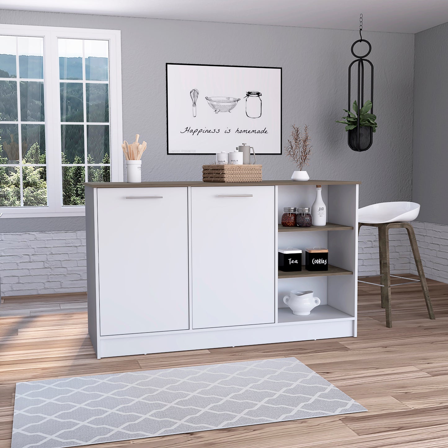 Modern Ginger Kitchen Island with Open Shelves and Cabinets - White/Dark Brown