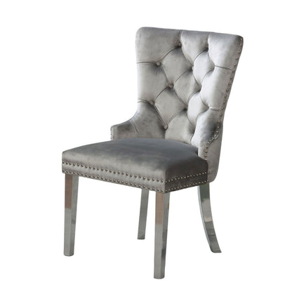 Set of 2 Wingback Dining Chairs, Flannelette Upholstered, Button-Tufted, Chrome Legs, Gray