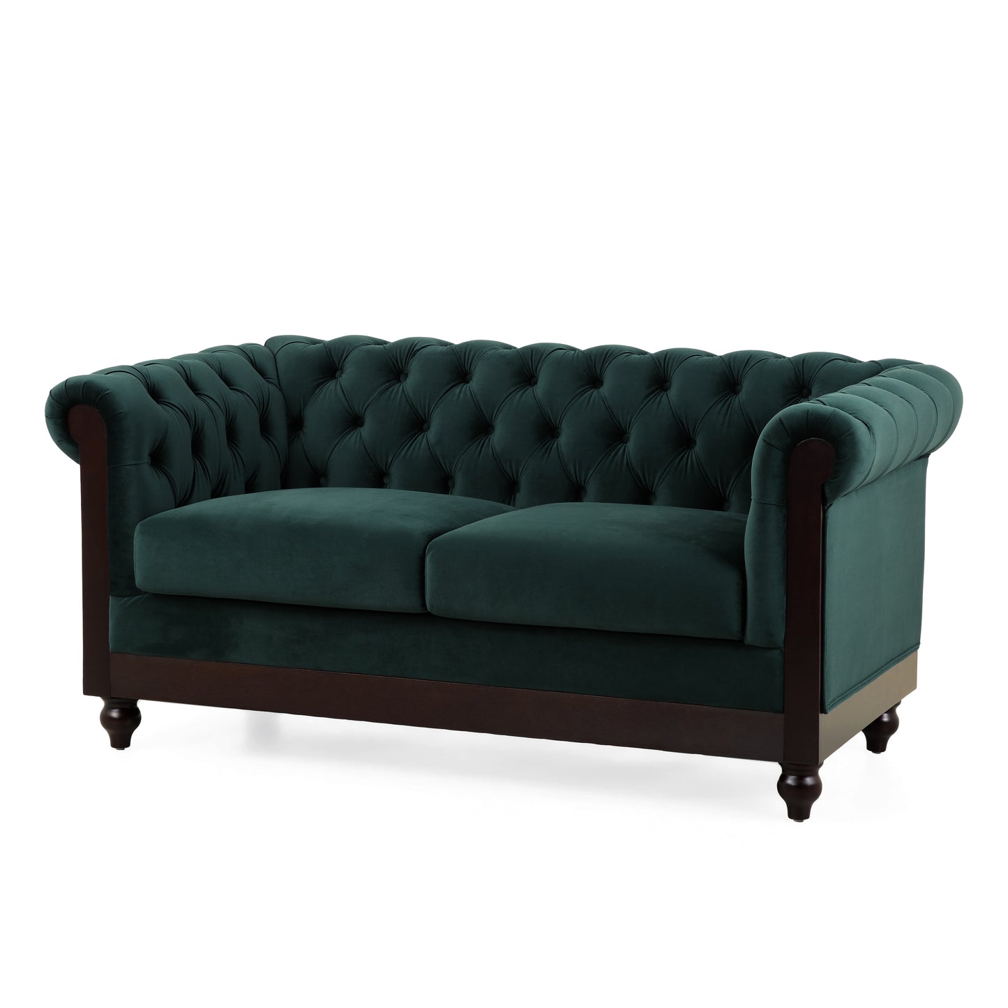 Chesterfield Velvet Loveseat - 2-Seater, Rolled Arms, Tufted Back, Pine Wood Frame, 59in, Forest Green