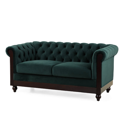 Chesterfield Velvet Loveseat - 2-Seater, Rolled Arms, Tufted Back, Pine Wood Frame, 59in, Forest Green