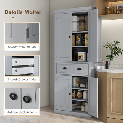 Freestanding Gray Kitchen Pantry with 4 Doors, 3 Adjustable Shelves, and Central Drawer - Traditional Beadboard Design