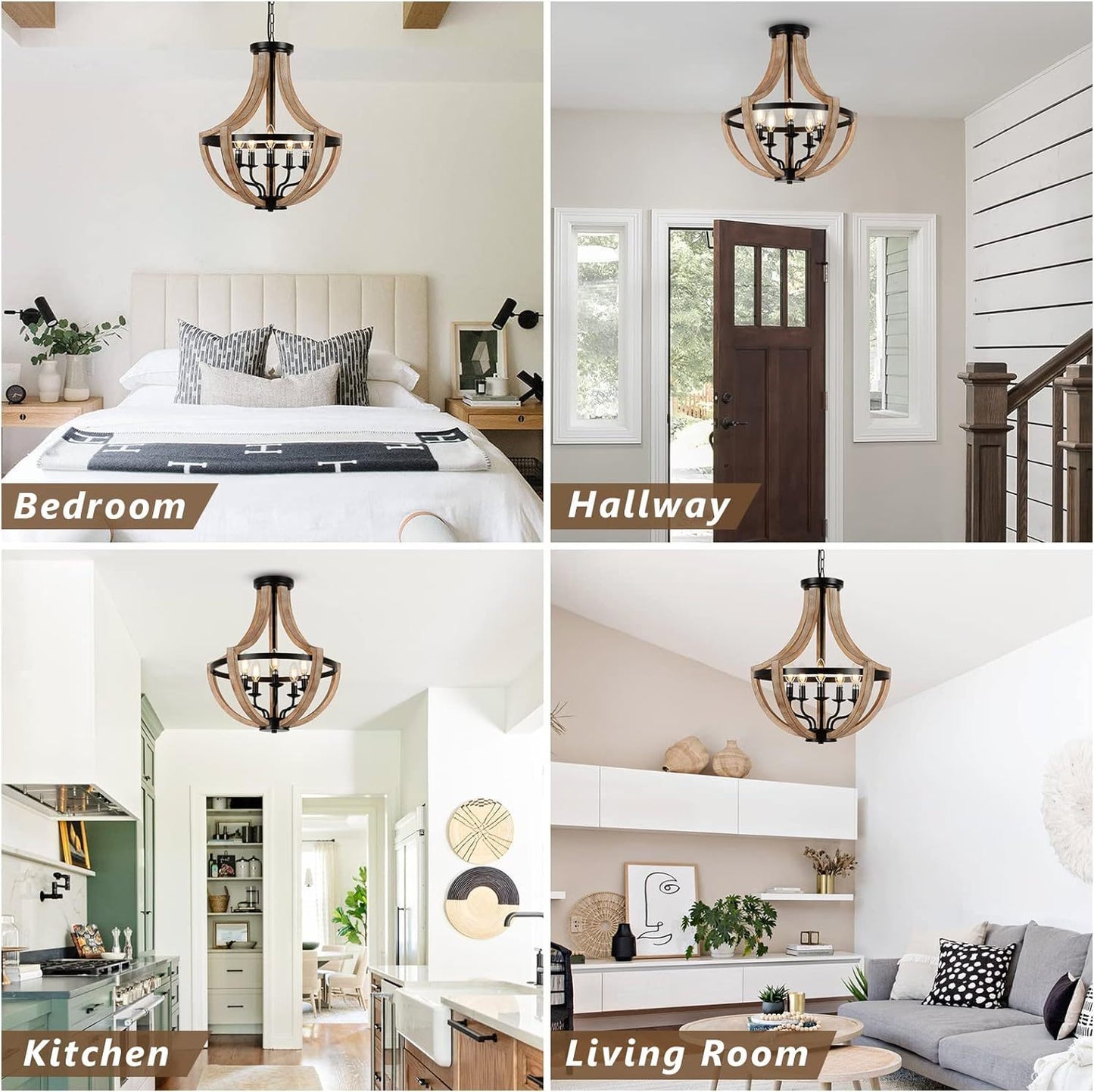 5-Light Farmhouse Pendant Chandelier for Dining Room & Kitchen Island Height Adjustable 19 in Brown