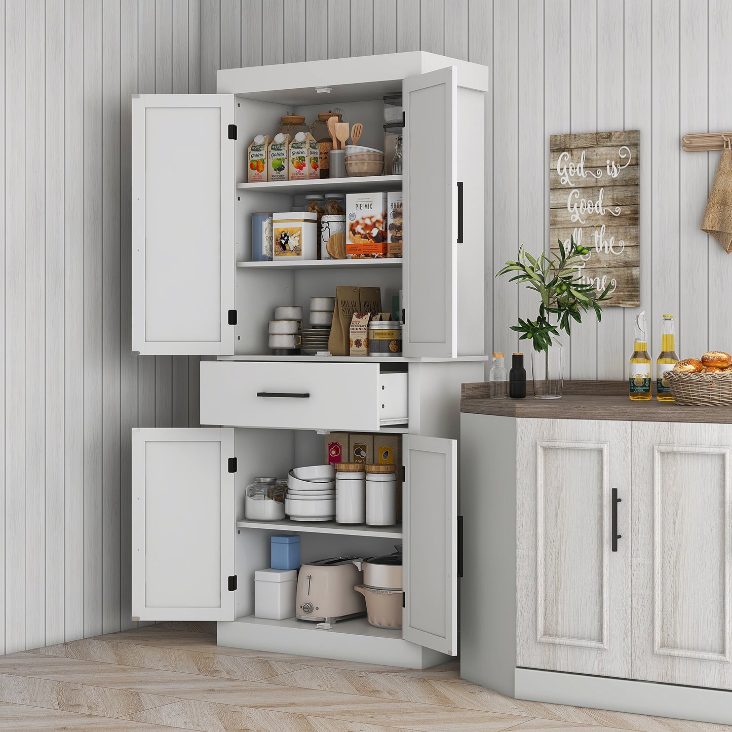 Elegant White Farmhouse Kitchen Pantry Cabinet with Adjustable Shelves and Barn Doors