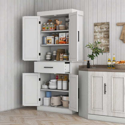 Elegant White Farmhouse Kitchen Pantry Cabinet with Adjustable Shelves and Barn Doors