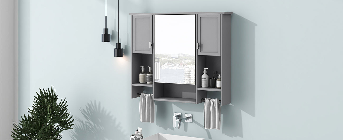 35'' x 28'' Modern Wall Mounted Bathroom Storage Cabinet, Bathroom Wall Cabinet with Mirror, Medicine Cabinet with Towels Bar