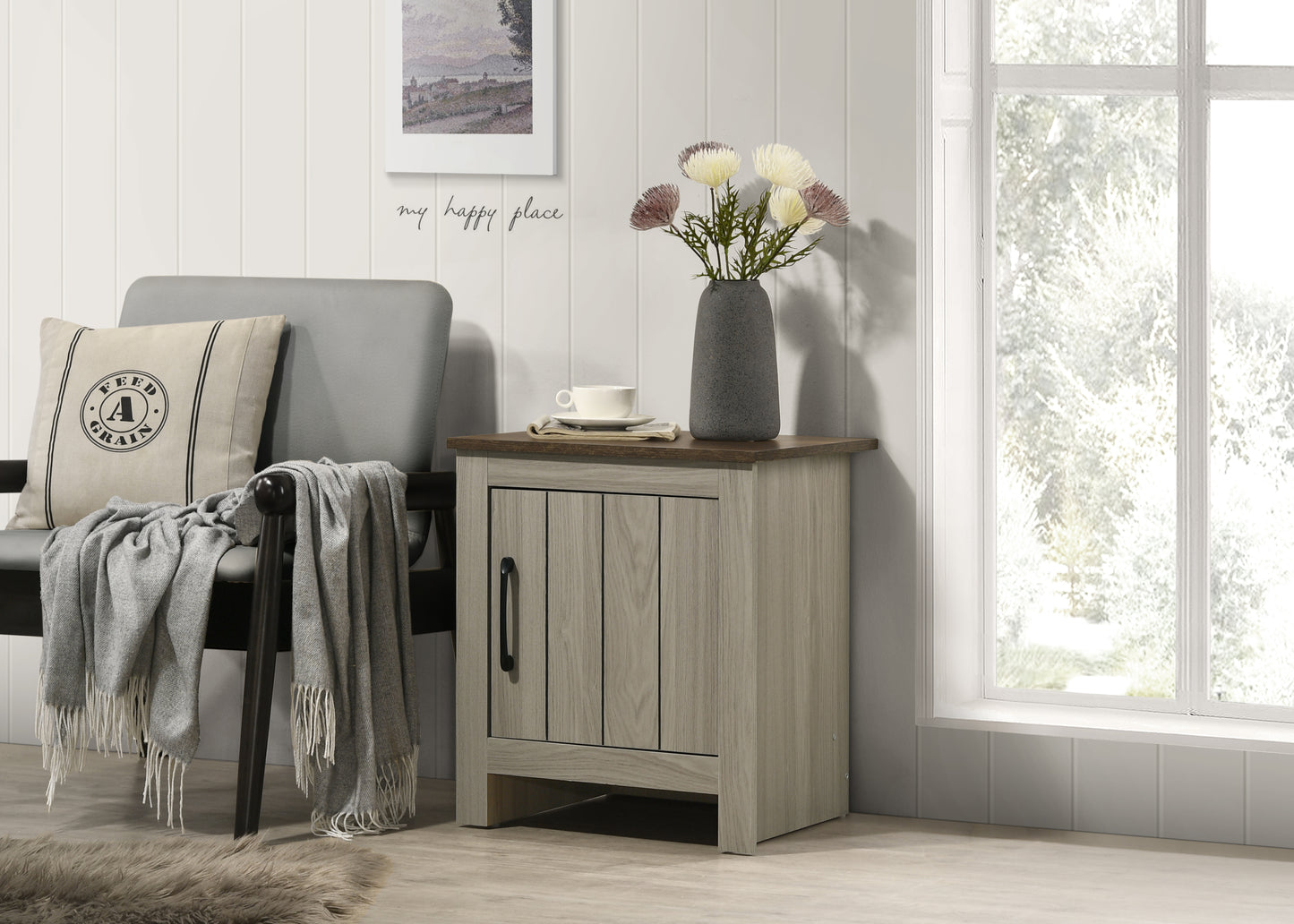 Wood End Table with Cabinet Door and Interior Storage, 16W x 21.5H, Living Room Side Table Gray Oak