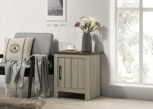 Wood End Table with Cabinet Door and Interior Storage, 16W x 21.5H, Living Room Side Table Gray Oak