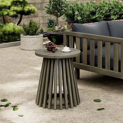 Round Acacia Wood Outdoor Side Table For Patio And Balcony 15.75 Inch Diameter Grey Finish