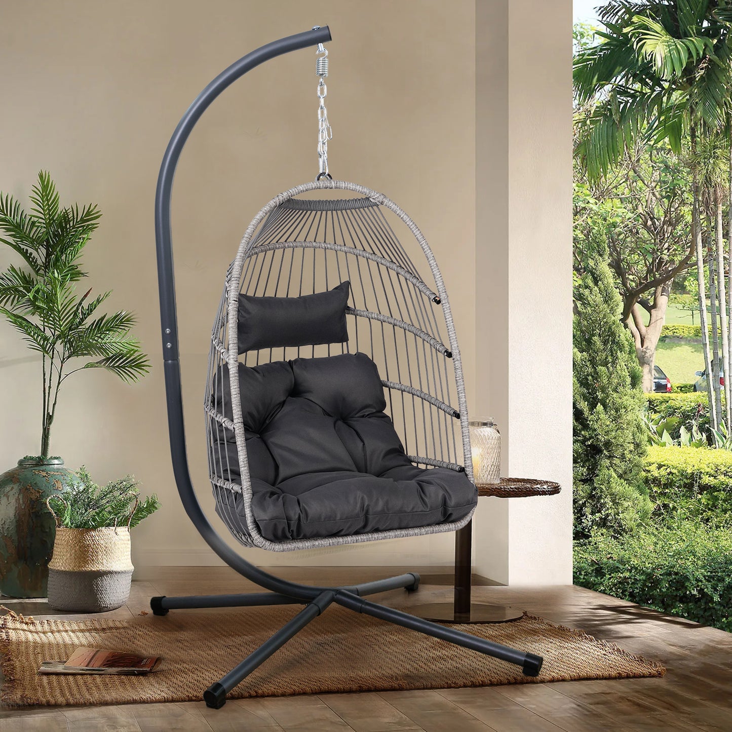 Outdoor Egg Chair With Stand Modern Wicker Swing For Patio Rust Resistant Iron Frame Waterproof Cushions Black And Gray