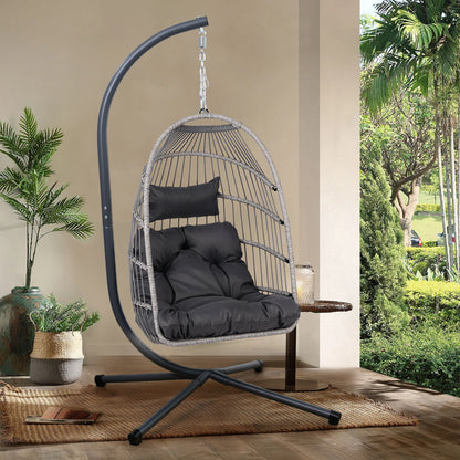 Outdoor Egg Chair With Stand Modern Wicker Swing For Patio Rust Resistant Iron Frame Waterproof Cushions Black And Gray