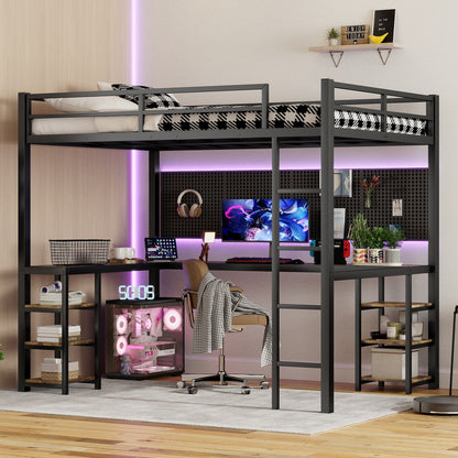 Stylish Full XL Metal Loft Bed with Integrated Desk and Storage Shelves, Ideal Space-Saving Solution for Bedrooms, Black Finish