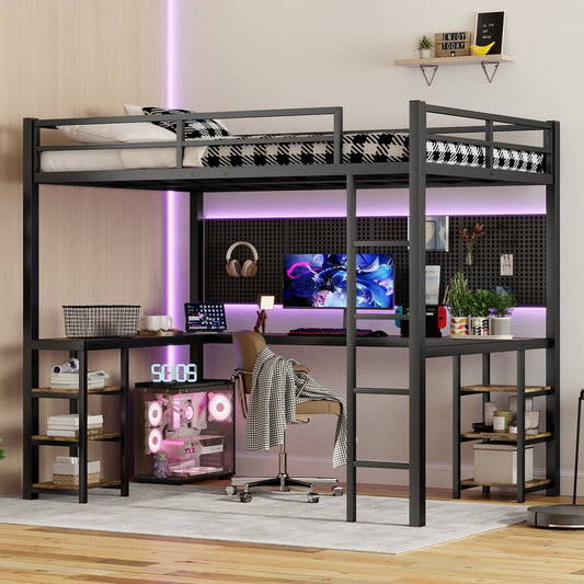 Stylish Full XL Metal Loft Bed with Integrated Desk and Storage Shelves, Ideal Space-Saving Solution for Bedrooms, Black Finish