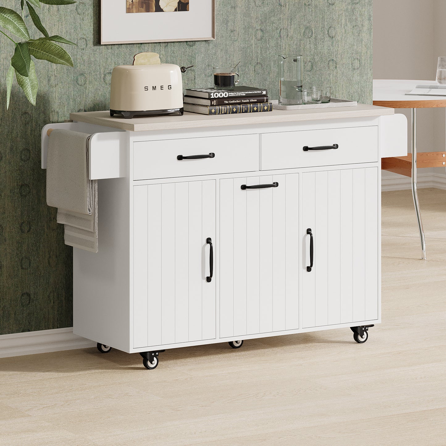 Rolling White Kitchen Island with Drop Leaf and Tilt-out Trash Can Storage, Spice Rack & Towel Rack