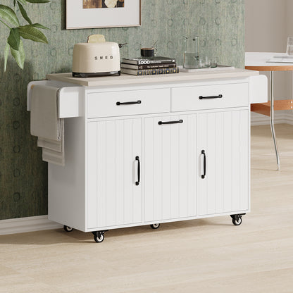 Rolling White Kitchen Island with Drop Leaf and Tilt-out Trash Can Storage, Spice Rack & Towel Rack