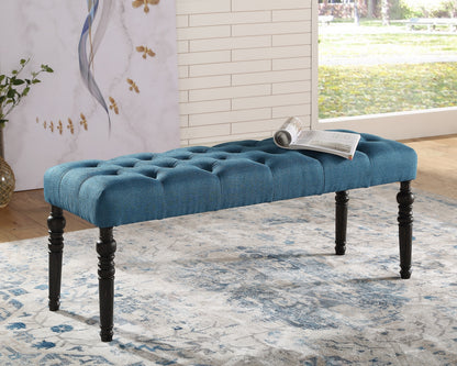 Solid Wood Dining Bench with Turned Legs, Button-Tufted Fabric Seat, 48W x 16D x 19.5H, Dining Room Seating, Blue
