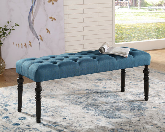 Solid Wood Dining Bench with Turned Legs, Button-Tufted Fabric Seat, 48W x 16D x 19.5H, Dining Room Seating, Blue