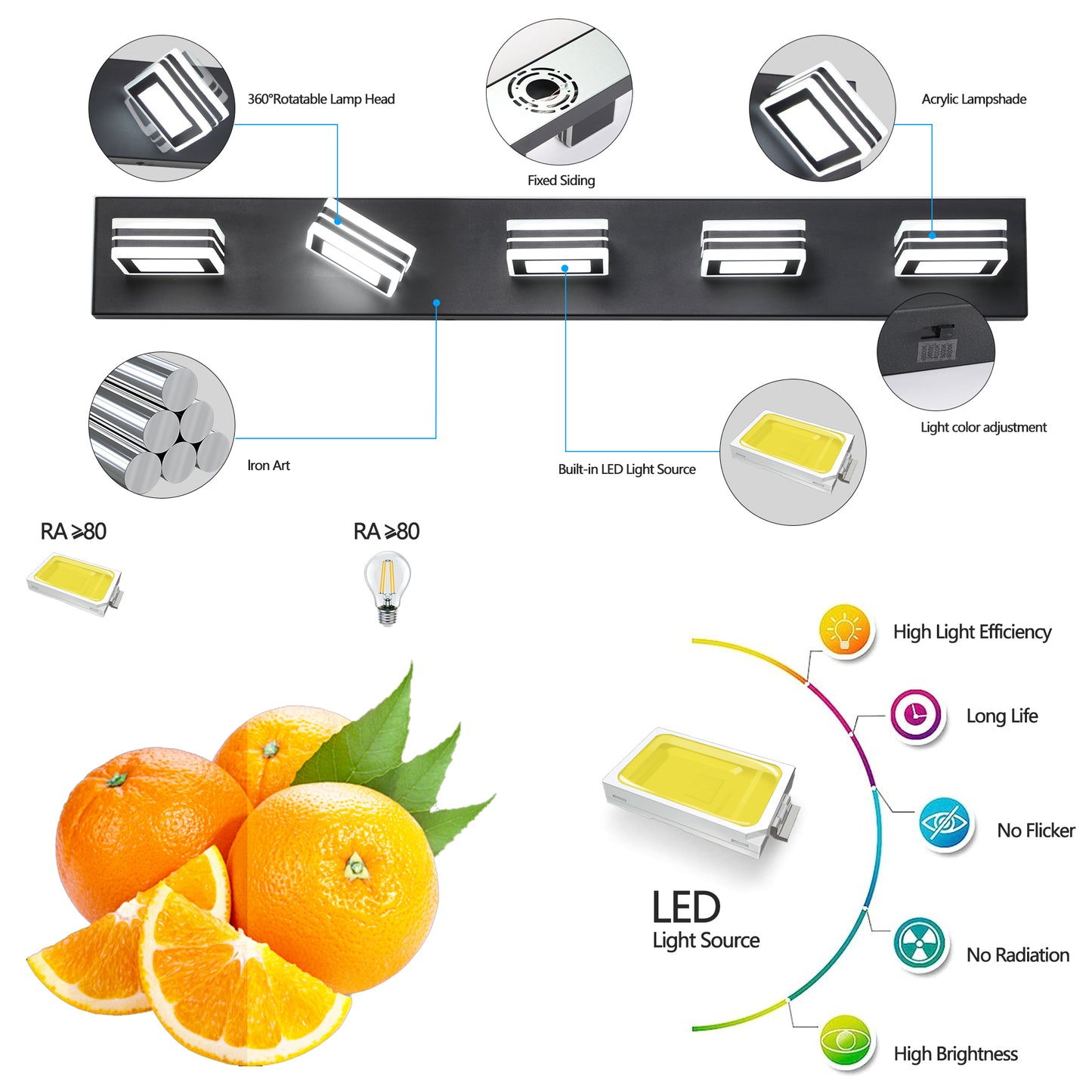 5-Light LED Vanity Light Fixture, Dimmable, Modern Bathroom Vanity Wall Mount, Iron & Acrylic Finish