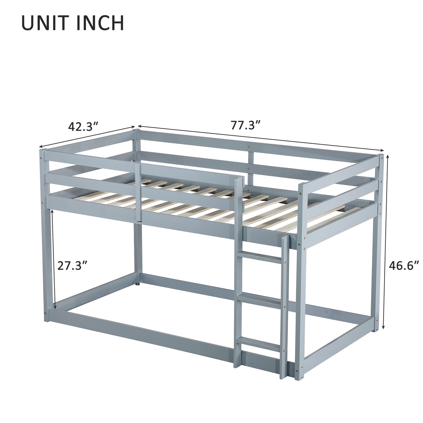 Durable Grey Twin over Twin Loft Bed with Ladder and Sturdy Slat Support