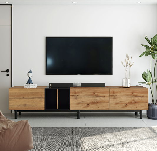 80-Inch TV Stand with 3 Doors, Media Console for Living Room and Bedroom, MDF Natural Wood