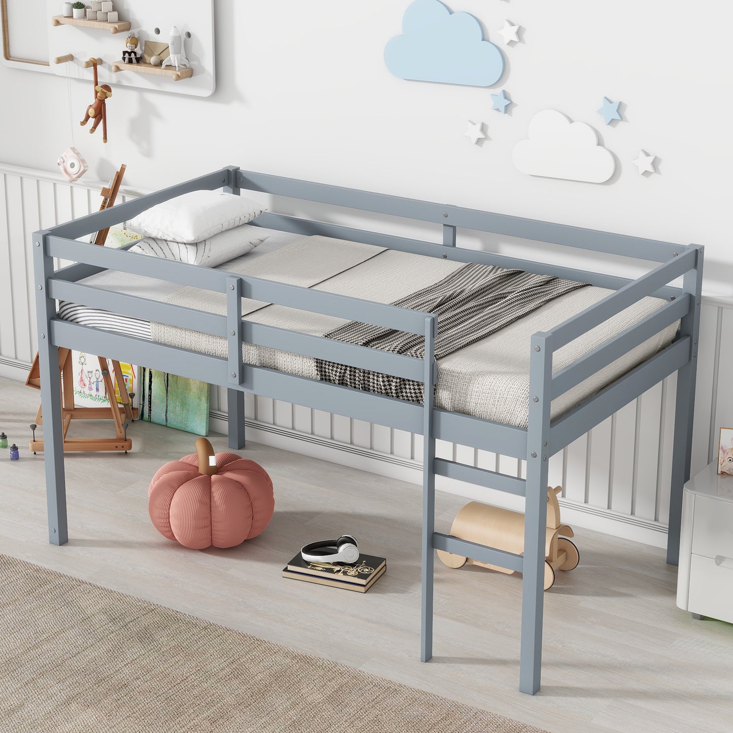 Grey Solid Rubber Wood Twin Loft Bed with Ladder and Sturdy Slat Support