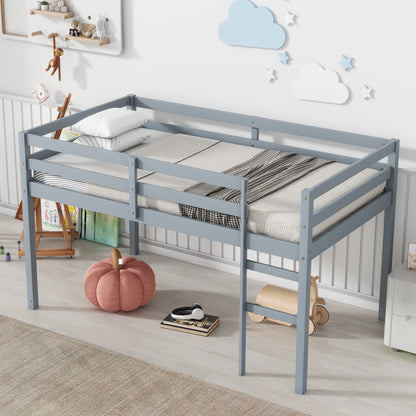 Grey Solid Rubber Wood Twin Loft Bed with Ladder and Sturdy Slat Support