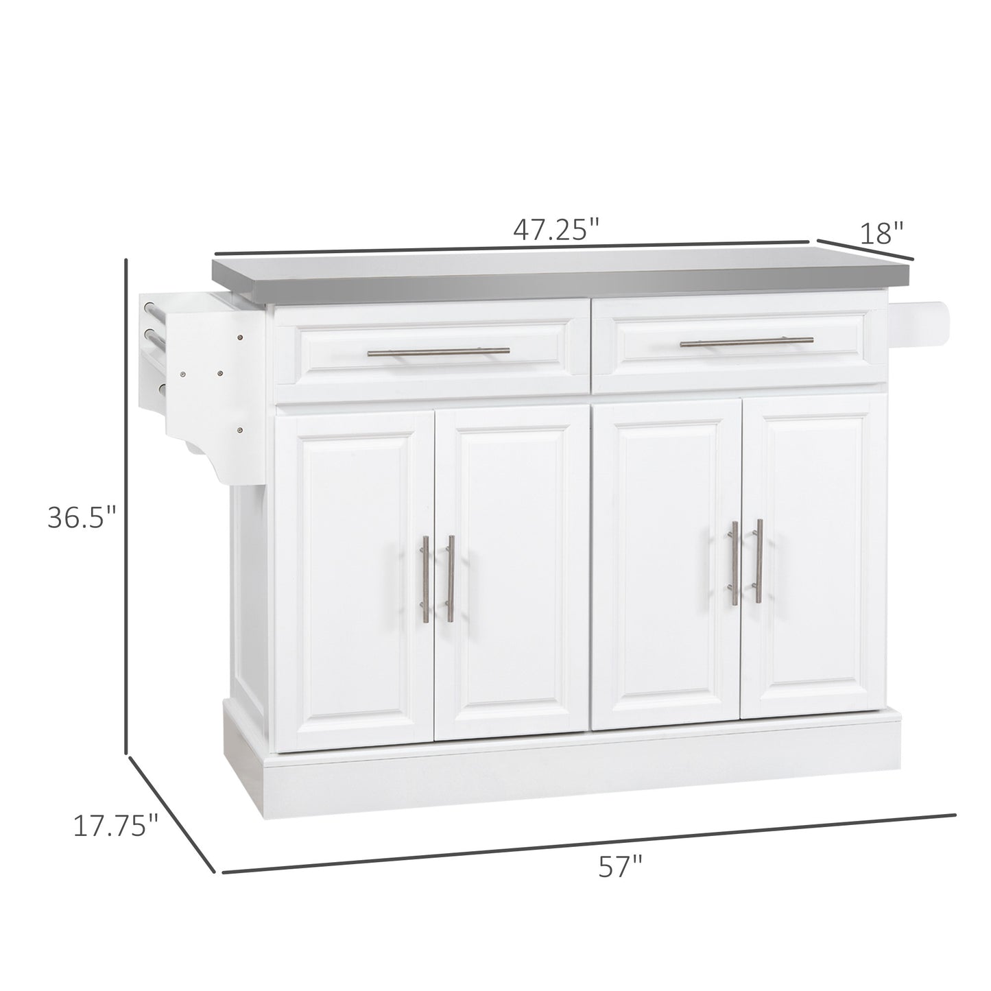 Portable Rolling Kitchen Cart with Stainless Steel Top, Storage Drawers, Spice & Knife Racks, White Finish