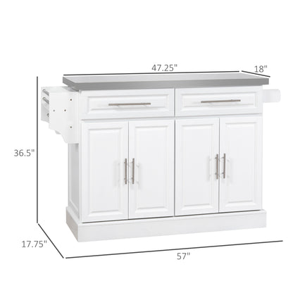 Portable Rolling Kitchen Cart with Stainless Steel Top, Storage Drawers, Spice & Knife Racks, White Finish