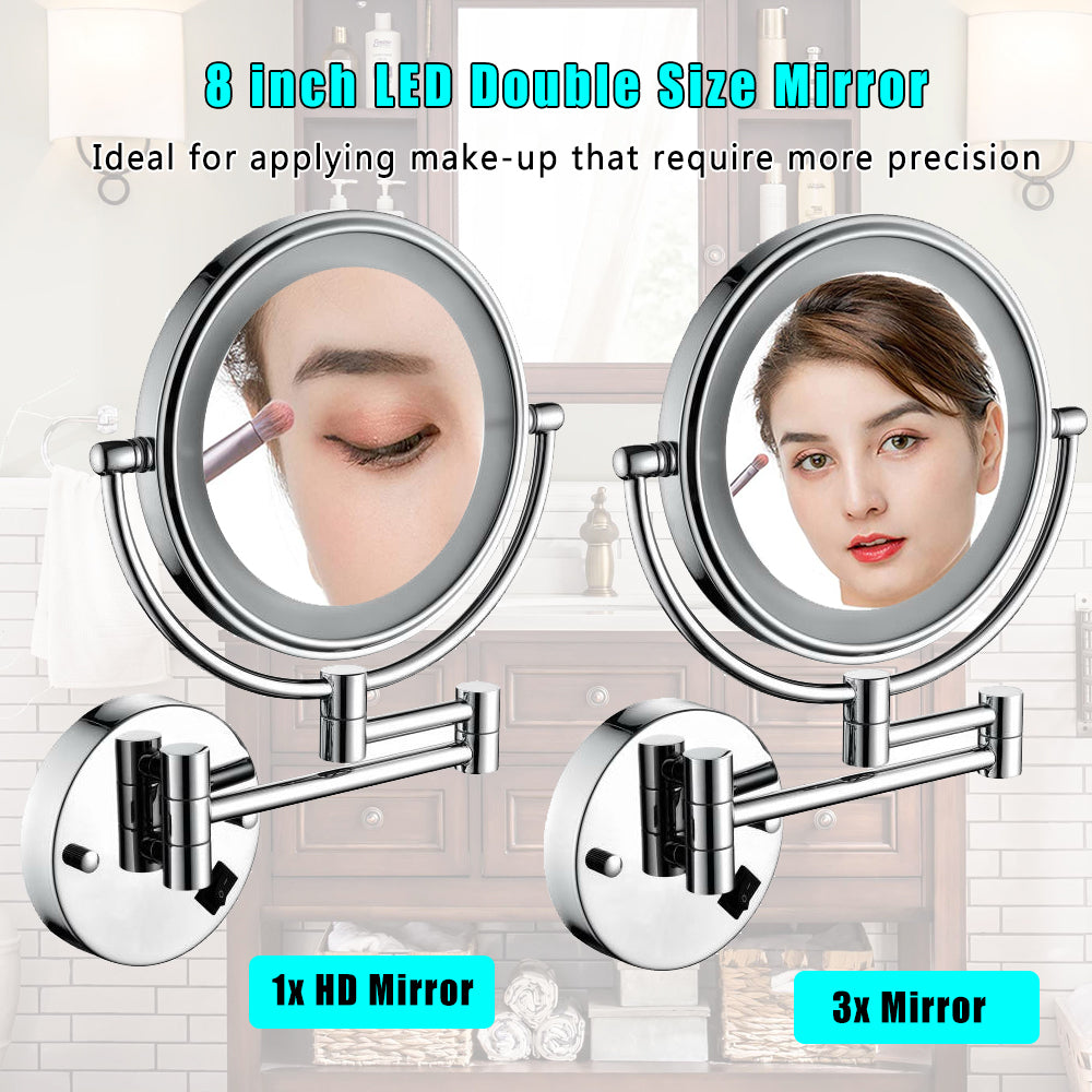 Dual-Sided 8-Inch LED Magnifying Vanity Mirror with 12-Inch Chrome Extension and 360-Degree Rotation