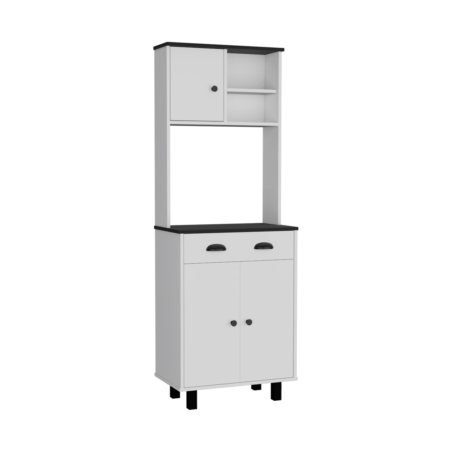 Modern Multicolor Kitchen Pantry with Cabinets, Open Shelves, and Drawer