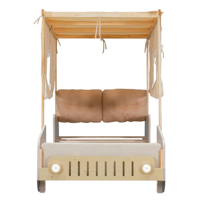 Wood Twin Size Car Bed with LED Lights, Pillow, Ceiling Cloth, Solid Pine and MDF Bed Frame Natural