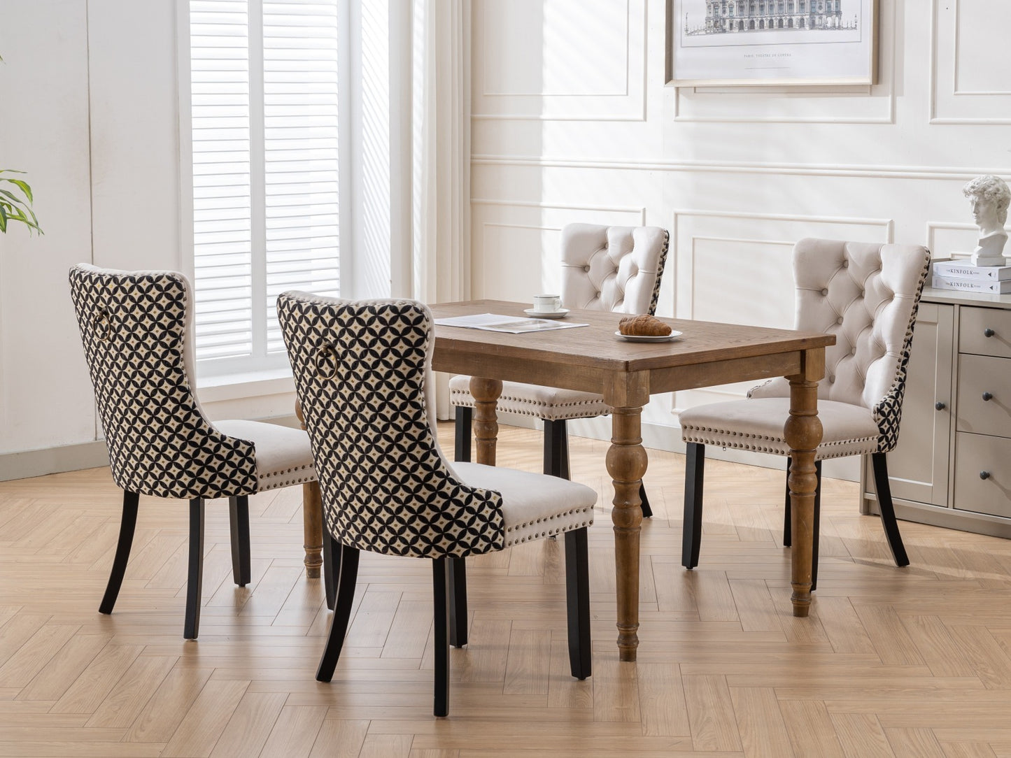 Set of 2 Velvet Tufted Dining Chairs with Nailhead Trim, Rubberwood Legs, Mid-Century, Beige
