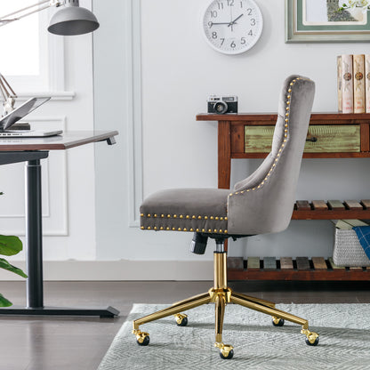 Luxurious Gray Velvet Tufted Home Office Chair with Gold Metal Base, Adjustable Swivel Design